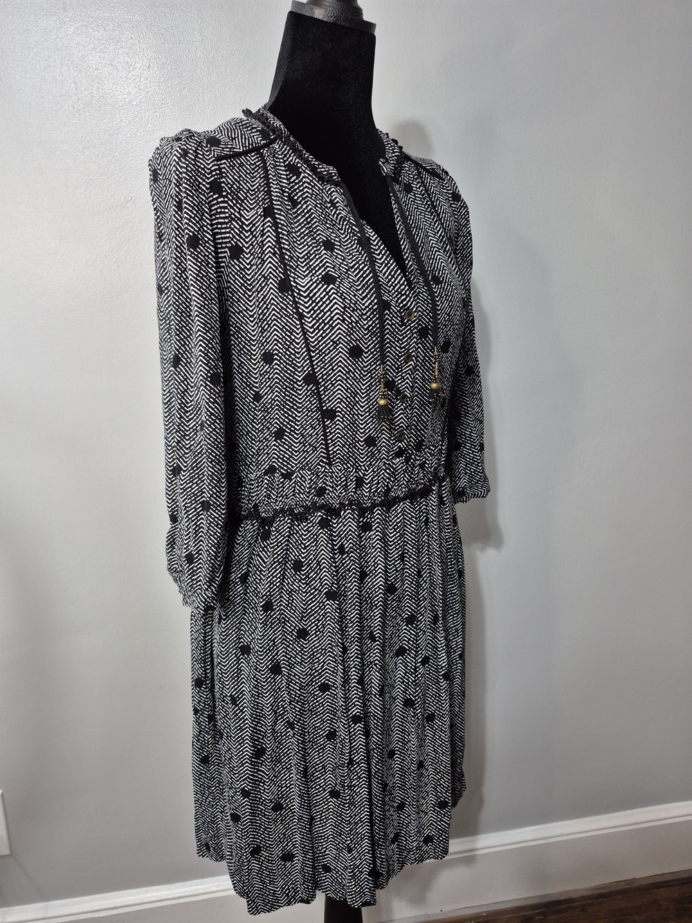 Anthropologie Maeve Black White Print Tassel Dress Small